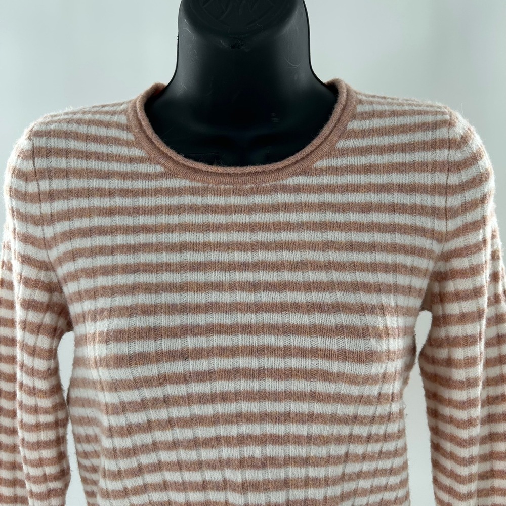 Madewell Womens Striped Ribbed Knit Long Sleeve Crew Neck Sweater‎ XXS Tan White - Picture 5 of 16